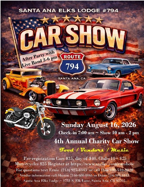 Santa Ana Elks Charity Car Show flyer August 2026